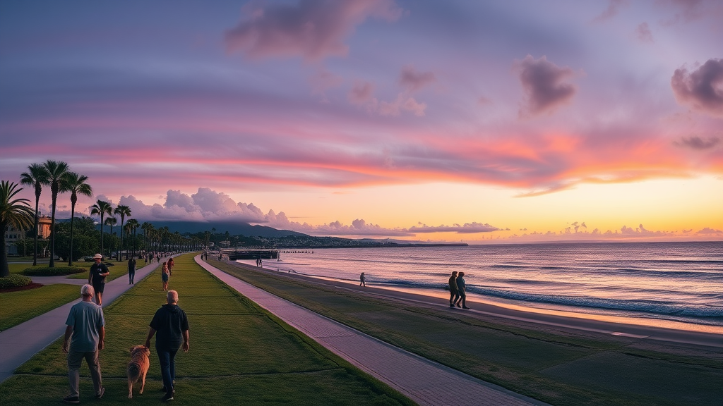 Scenic Pearl City waterfront park at sunset, families picnicking and people walking dogs by the shore, palm trees lining the oceanfront, gentle wave motion, deep purples and oranges, twilight lighting. Pearl City