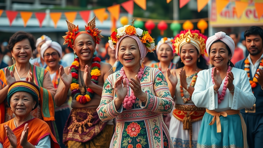 colorful Pearl City festival with residents in traditional costumes, dancing and celebrating diversity outdoors