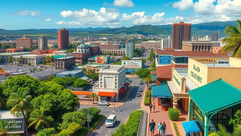 vivid panoramic view of Pearl City with bustling street scenes, signature Oahu greenery, and distant mountains - pearl city tourism