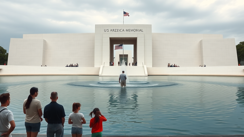 majestic USS Arizona Memorial in Pearl Harbor, serene harbor waters, white memorial, reflecting visitors - pearl city tourism
