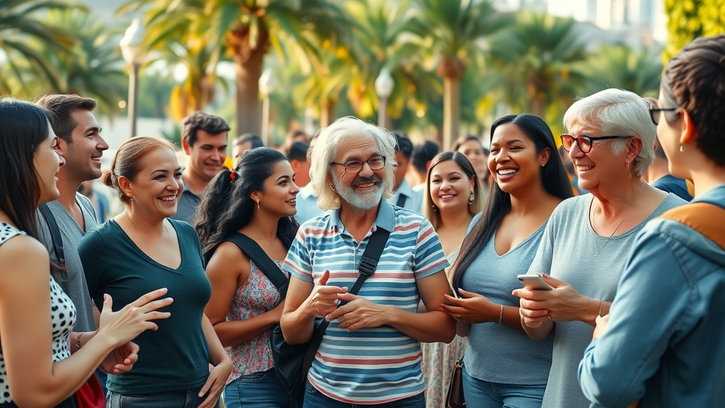vibrant multicultural gathering in Pearl City park with smiling, diverse residents, lush greenery and cityscape in the background
