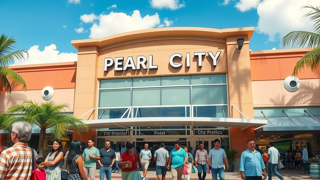 Vibrant Pearl City shopping center exterior, bustling shoppers, welcoming atmosphere, tropical landscaping, blue sky, palm trees, families, lively retail scene, pearl city shopping