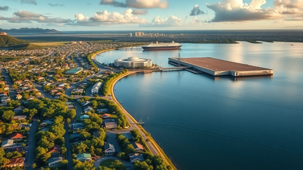 Contrasting aerial view showing Pearl City residential neighborhoods and the historic Pearl Harbor, highlighting tranquil homes and the iconic naval base, Honolulu skyline in distance, golden hour lighting. Distinction between Pearl City, Hawaii community and Pearl Harbor.
