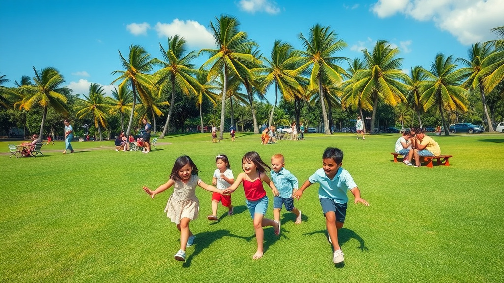 scenic Pearl City District Park with families picnicking and children playing, surrounded by tropical greenery - pearl city tourism