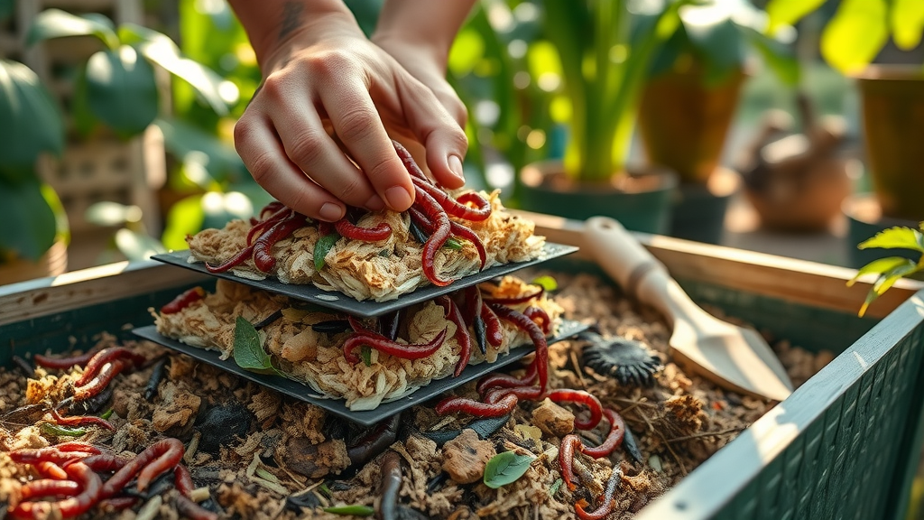 Hands setting up worm bin at Pearl City vermicomposting workshop in garden
