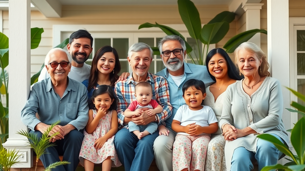 multi-generational, multi-ethnic Pearl City family gathered on a porch, demonstrating community