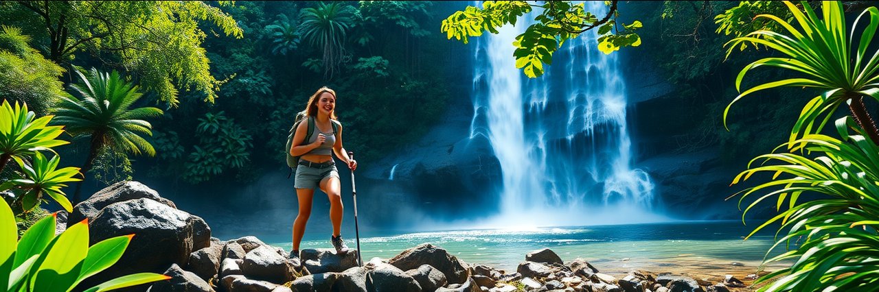Hiker exploring lush Hawaiian trail near vibrant waterfall, hiking and waterfalls Hawaii