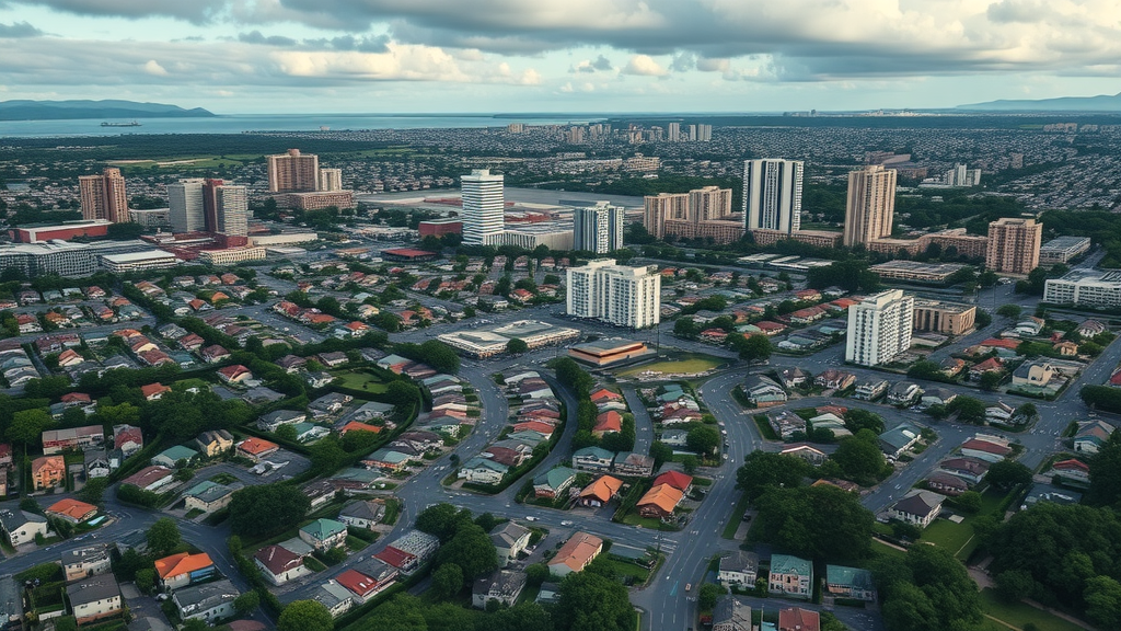 detailed aerial view of Pearl City neighborhoods with a mix of homes and high-rise buildings, lush mountains and coastline background