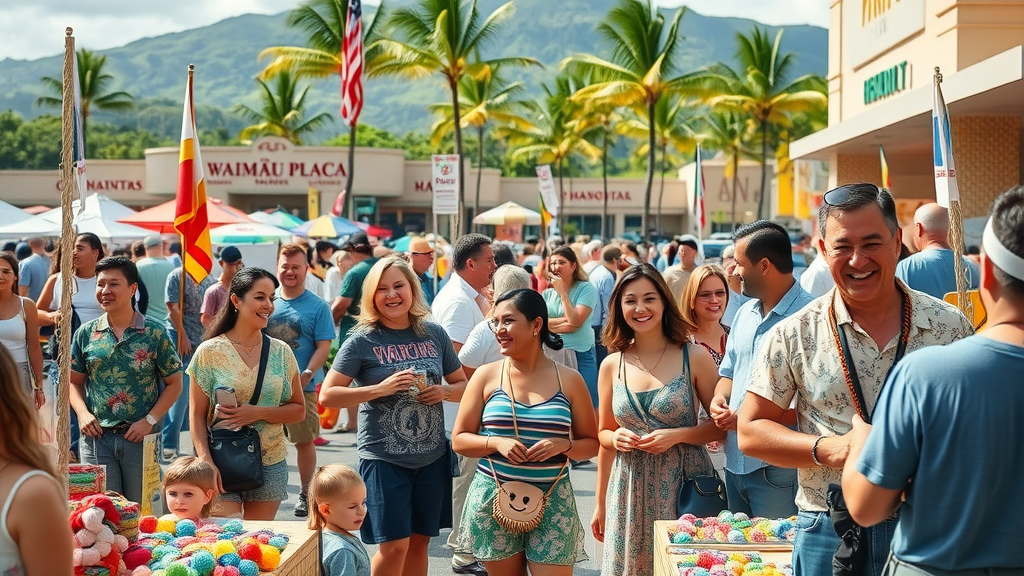 Waimalu Plaza Craft Fair in Aiea lively crowd shopping at outdoor booths