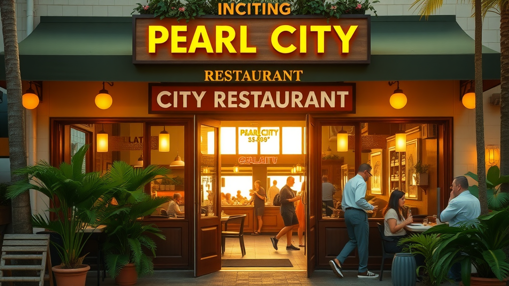 inviting Pearl City restaurant entrance at golden hour with tropical greenery - pearl city restaurants