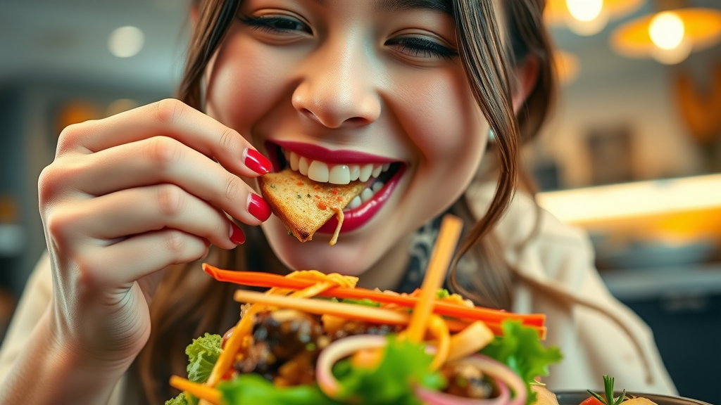 colorful fusion cuisine close-up with delighted diner savoring food, pearl city restaurants