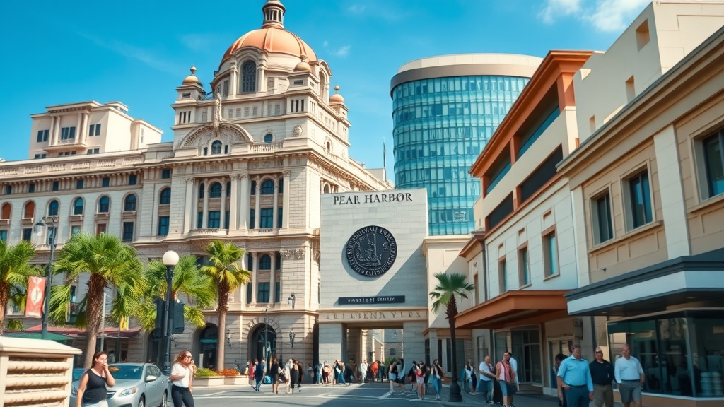 historic Pearl Harbor memorial and modern Pearl City shopping district, illustrating blend of history and commerce