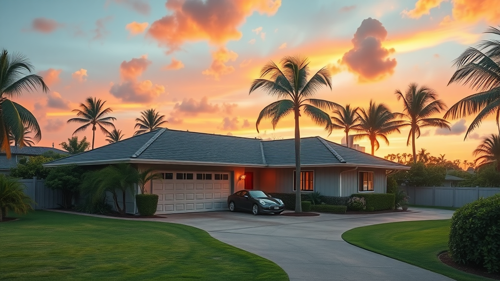 Dreamy Pearl City move-in ready home with tropical landscaping at sunset