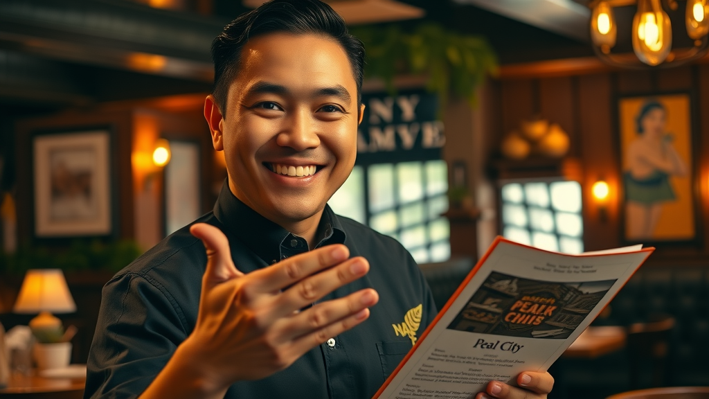 welcoming Pearl City waiter recommending menu to guests, cozy Hawaiian restaurant interior