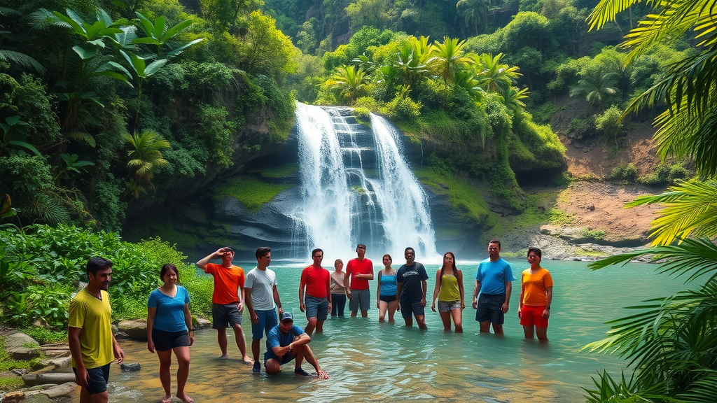 Diverse hikers enjoy lush Hawaii Waimano Falls and tropical hiking adventure.