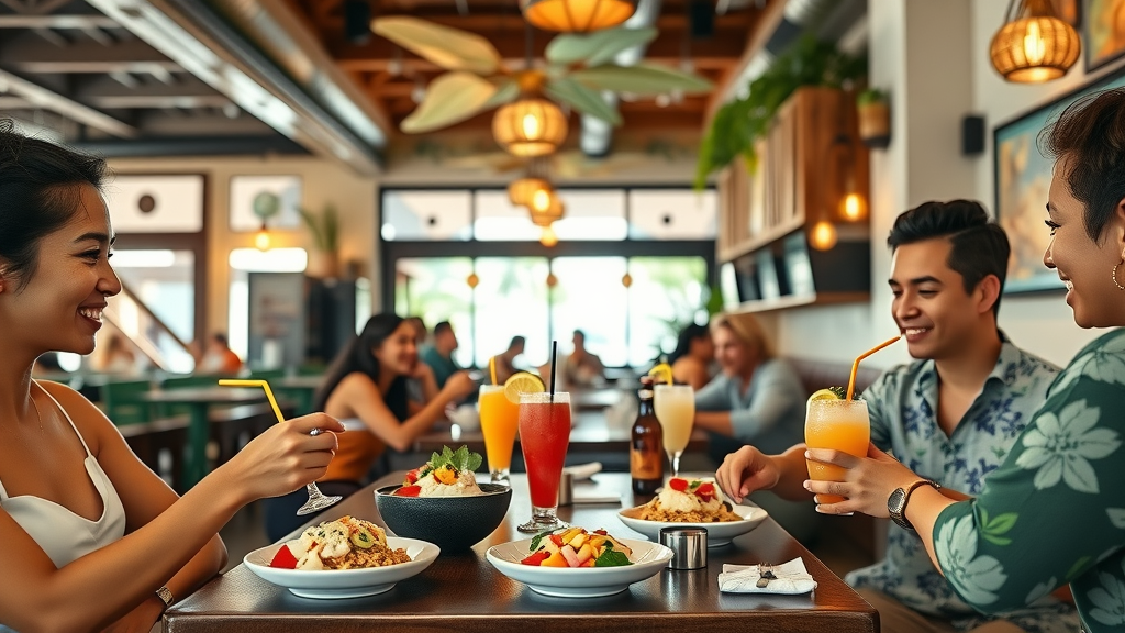 inviting Hawaiian café in Pearl City with diners enjoying poke bowls and tropical drinks - pearl city tourism
