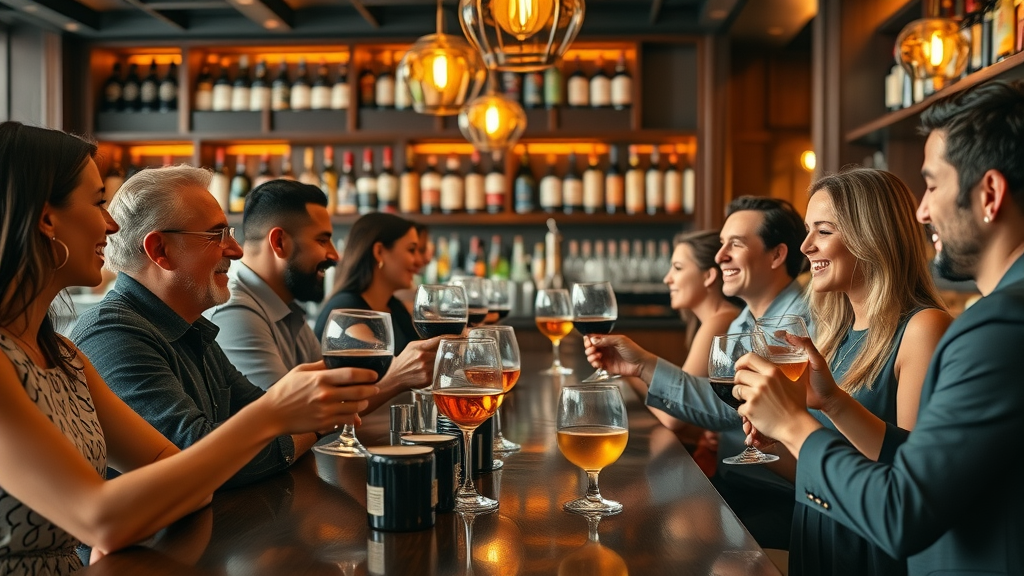 Pearl City steakhouse dining happy hour scene with friends toasting at the bar.