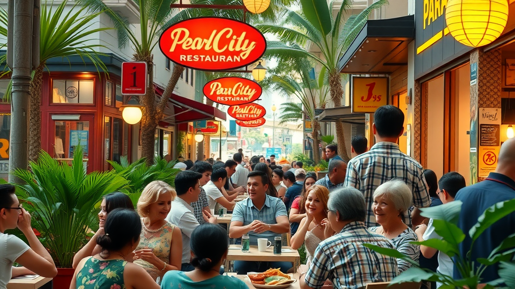 vibrant Pearl City restaurant street scene with diners enjoying meals, tropical plants, and lively atmosphere - pearl city restaurants